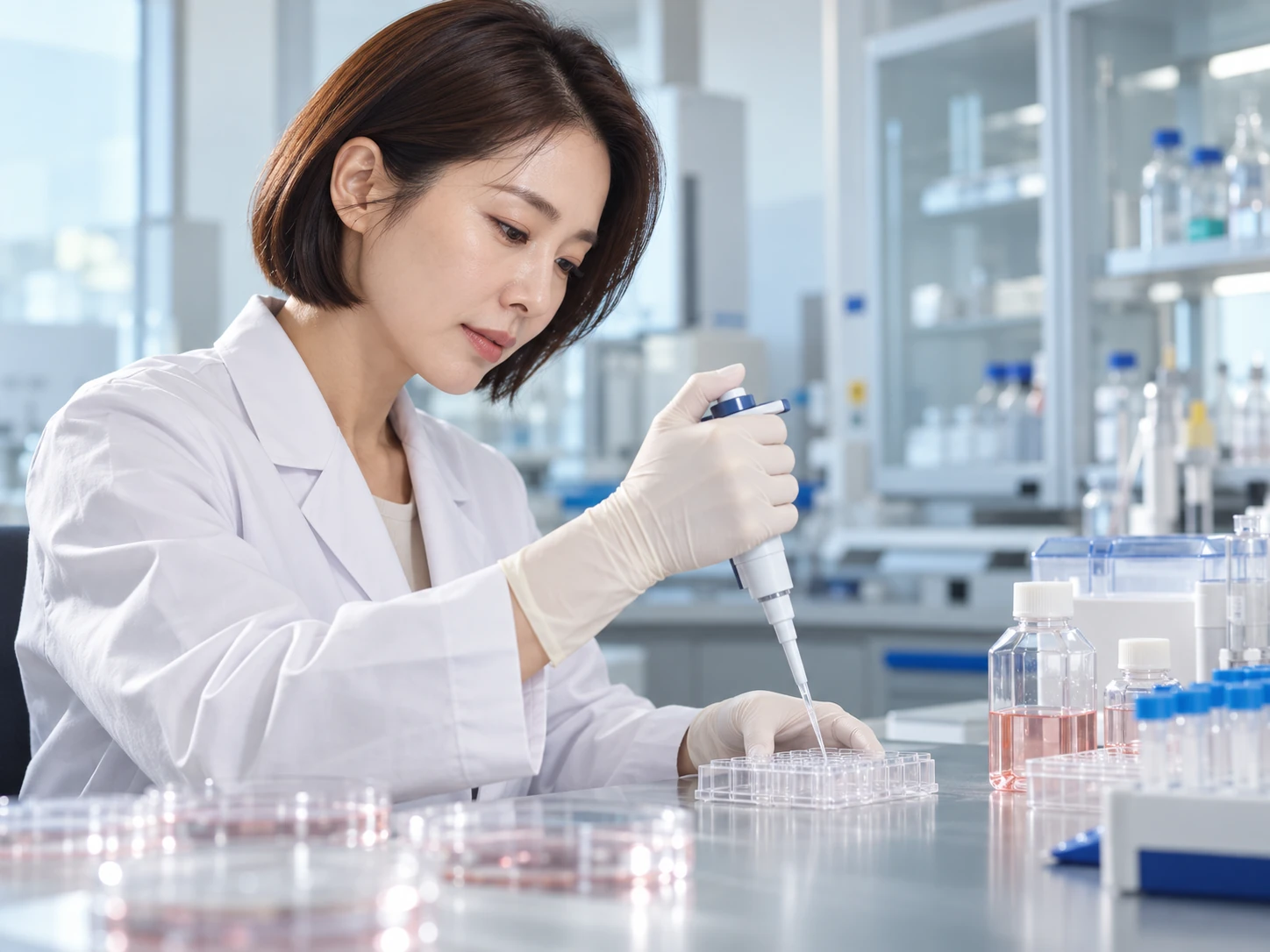 줄기세포 배양액을 연구하는 바이오 연구소 이미지