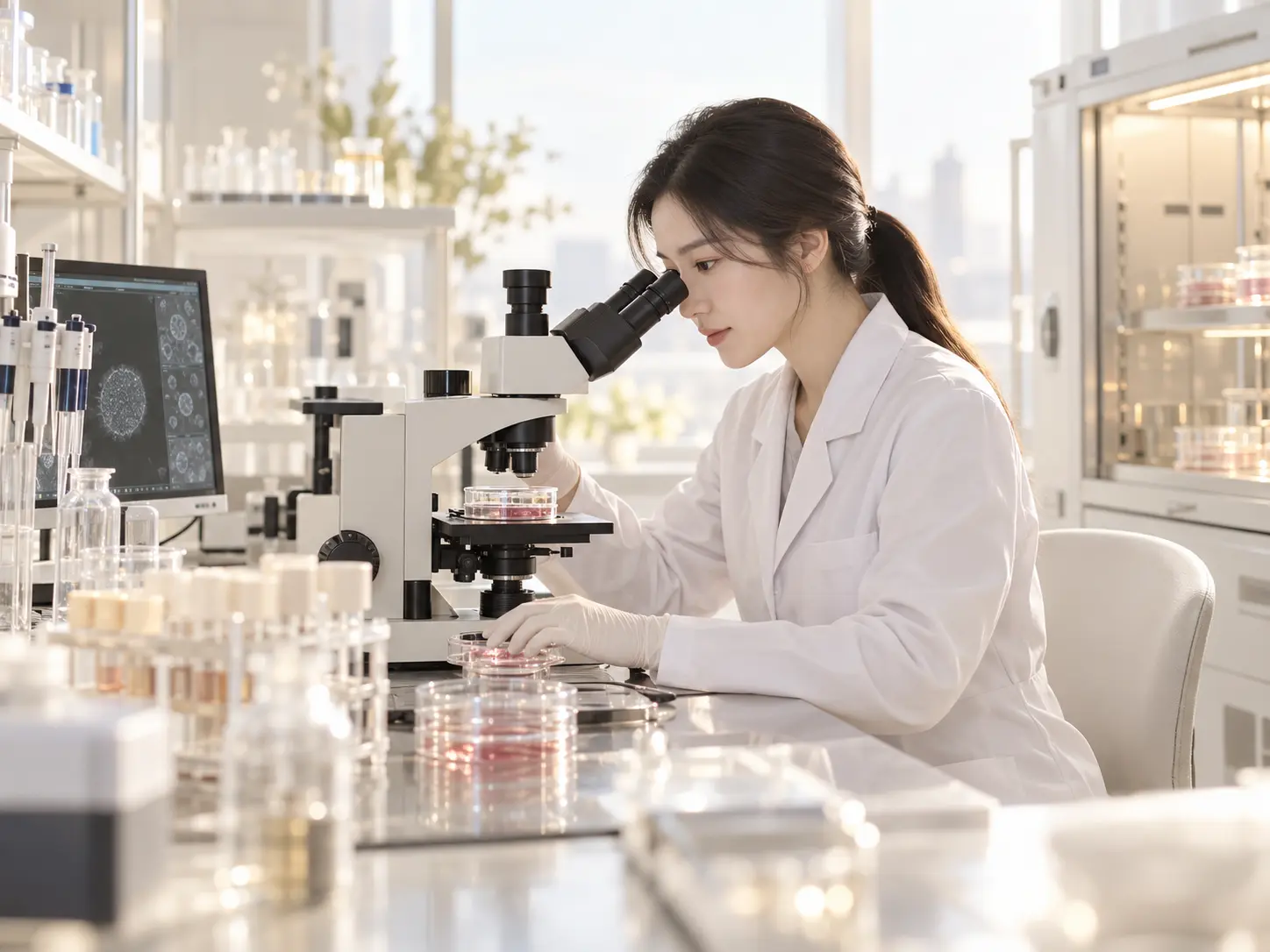 줄기세포 배양액을 연구하는 바이오 연구소 이미지